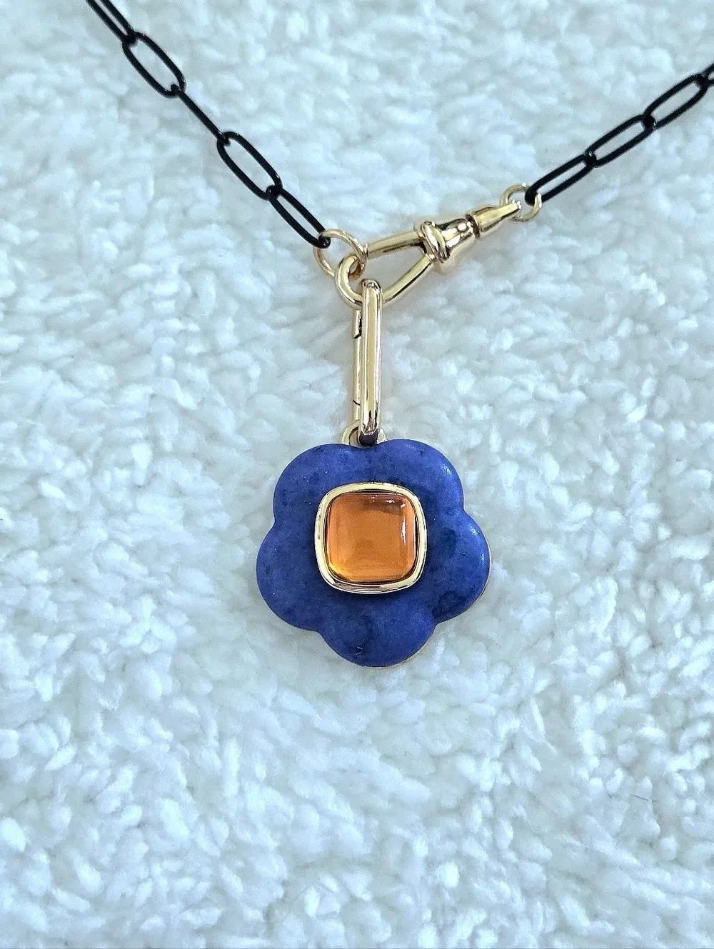 Blue💙 Flower🏵 Pendant Necklace on Black🖤 Paperclip📎 Chain⛓️ - NWOT
